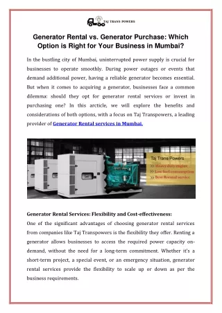 Generator Rental vs Generator Purchase Which Option is Right for Your Business in Mumbai