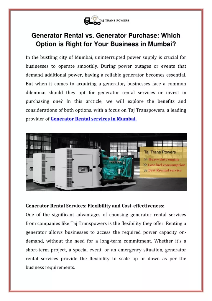 generator rental vs generator purchase which