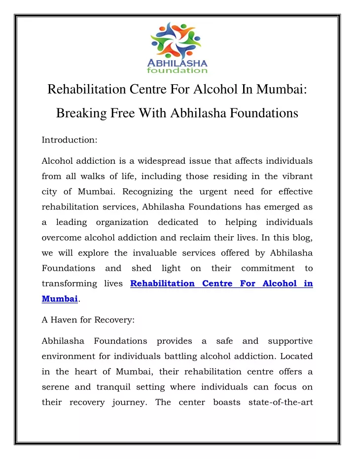 rehabilitation centre for alcohol in mumbai