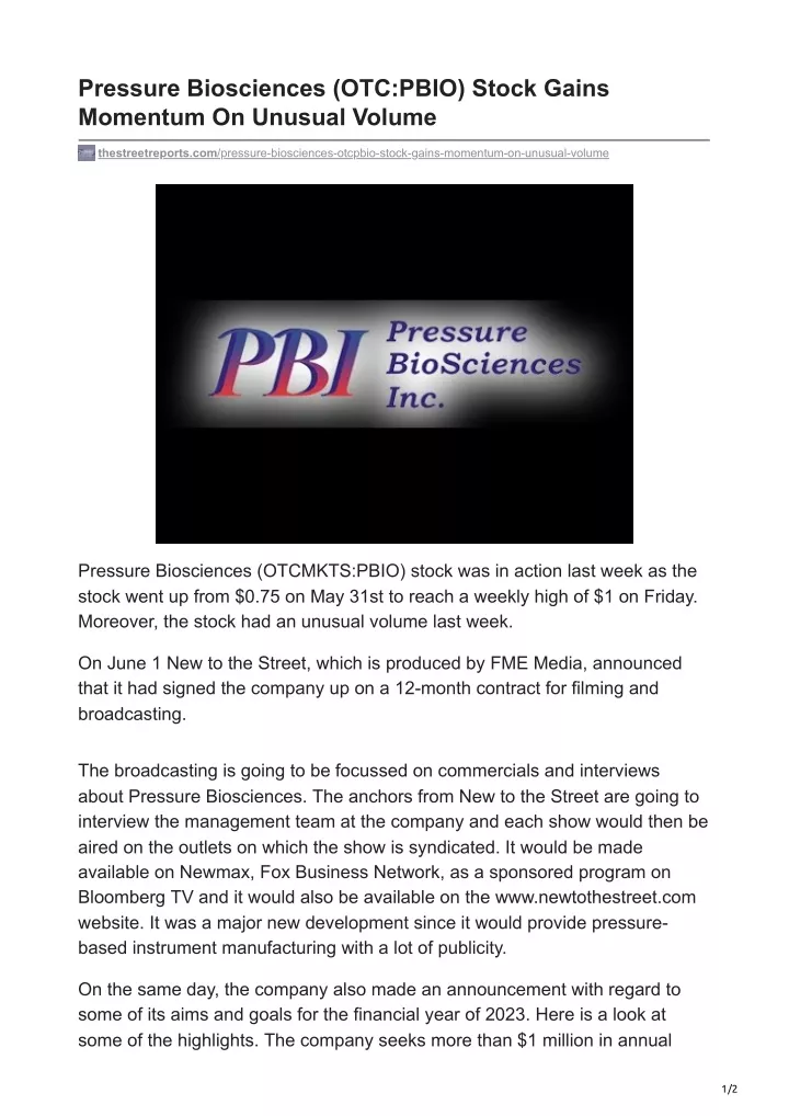 pressure biosciences otc pbio stock gains