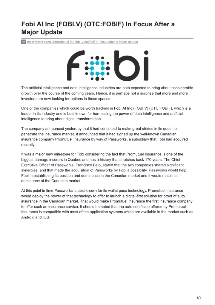 fobi ai inc fobi v otc fobif in focus after