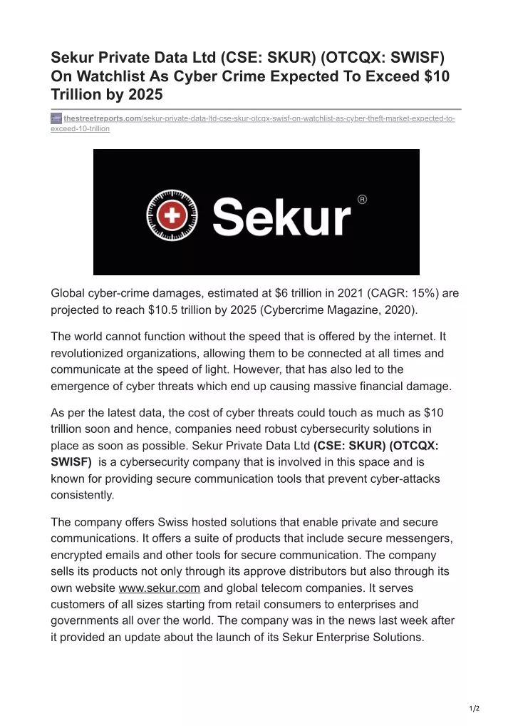 sekur private data ltd cse skur otcqx swisf