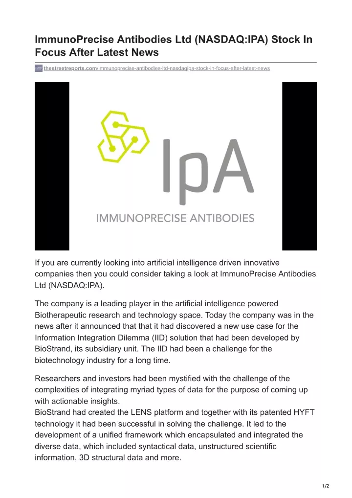 immunoprecise antibodies ltd nasdaq ipa stock