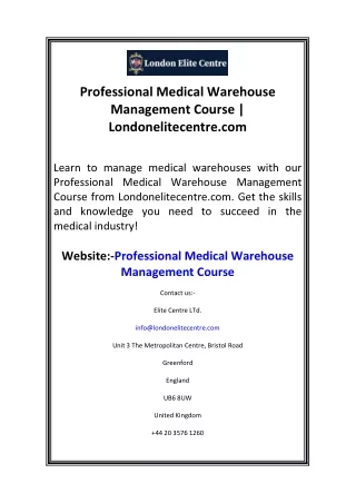 Professional Medical Warehouse Management Course  Londonelitecentre.com