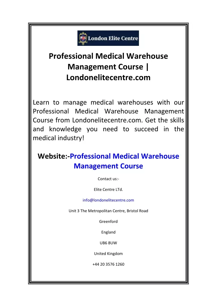 professional medical warehouse management course