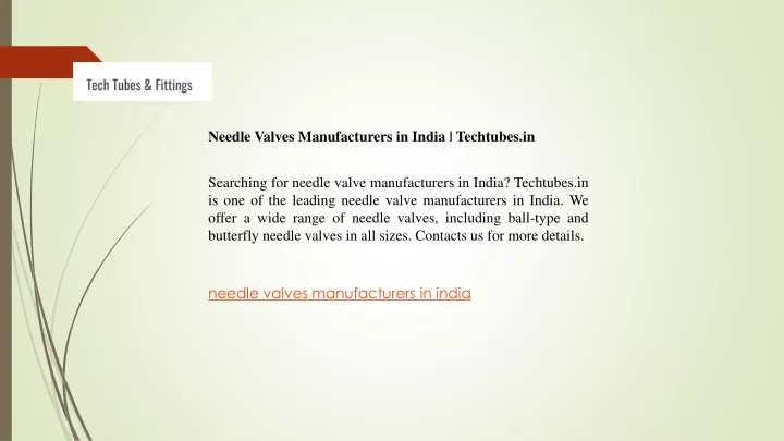 needle valves manufacturers in india techtubes in