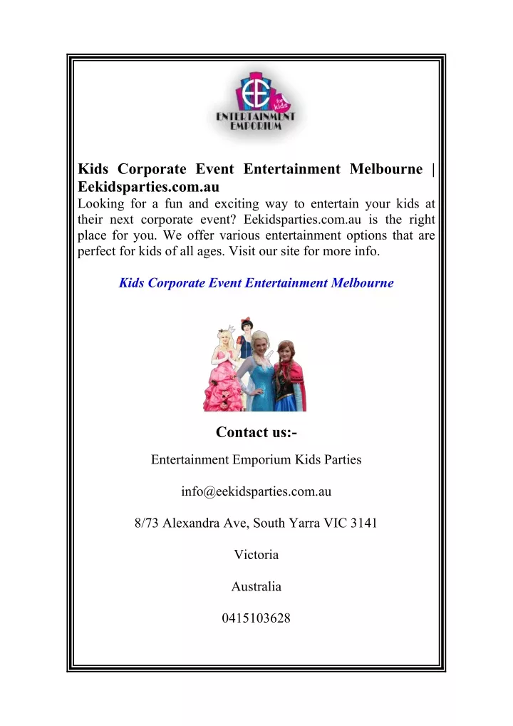 kids corporate event entertainment melbourne