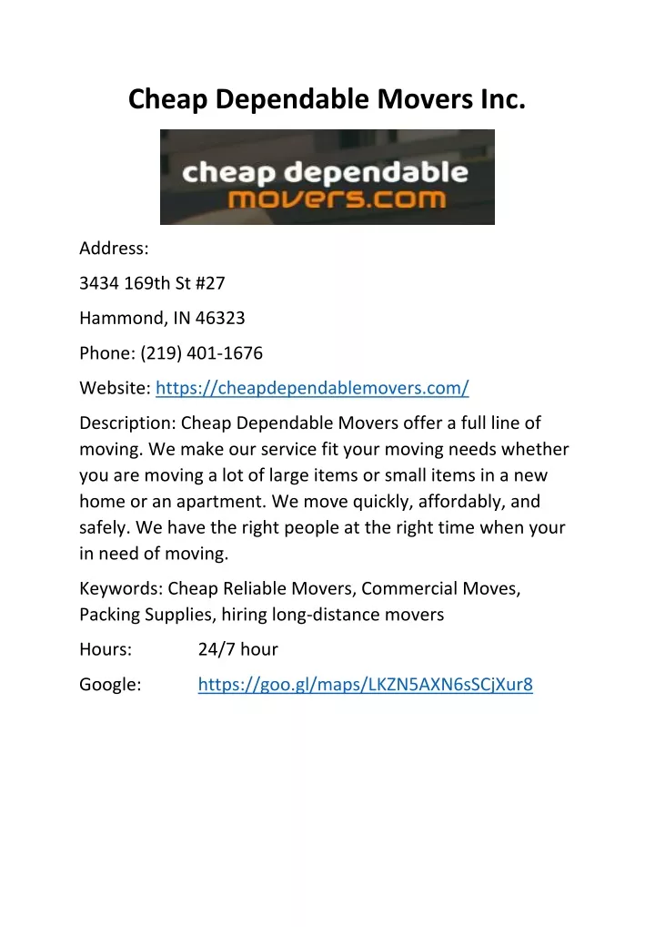 cheap dependable movers inc