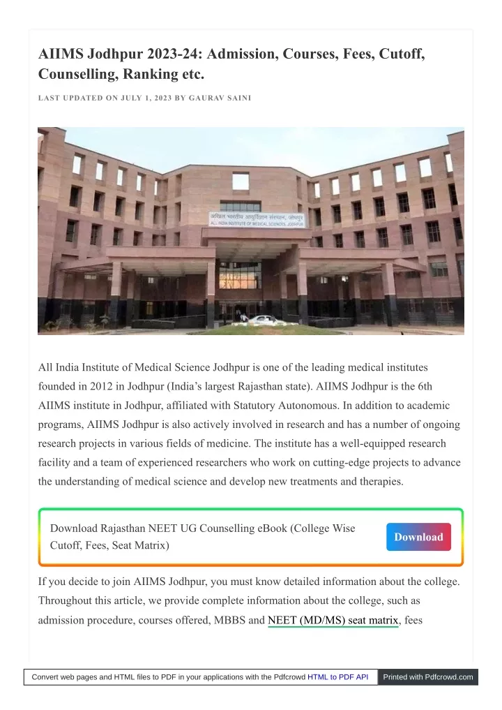 aiims jodhpur 2023 24 admission courses fees