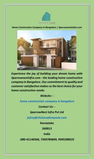 Home Construction Company In Bangalore  Sparrownestinfra