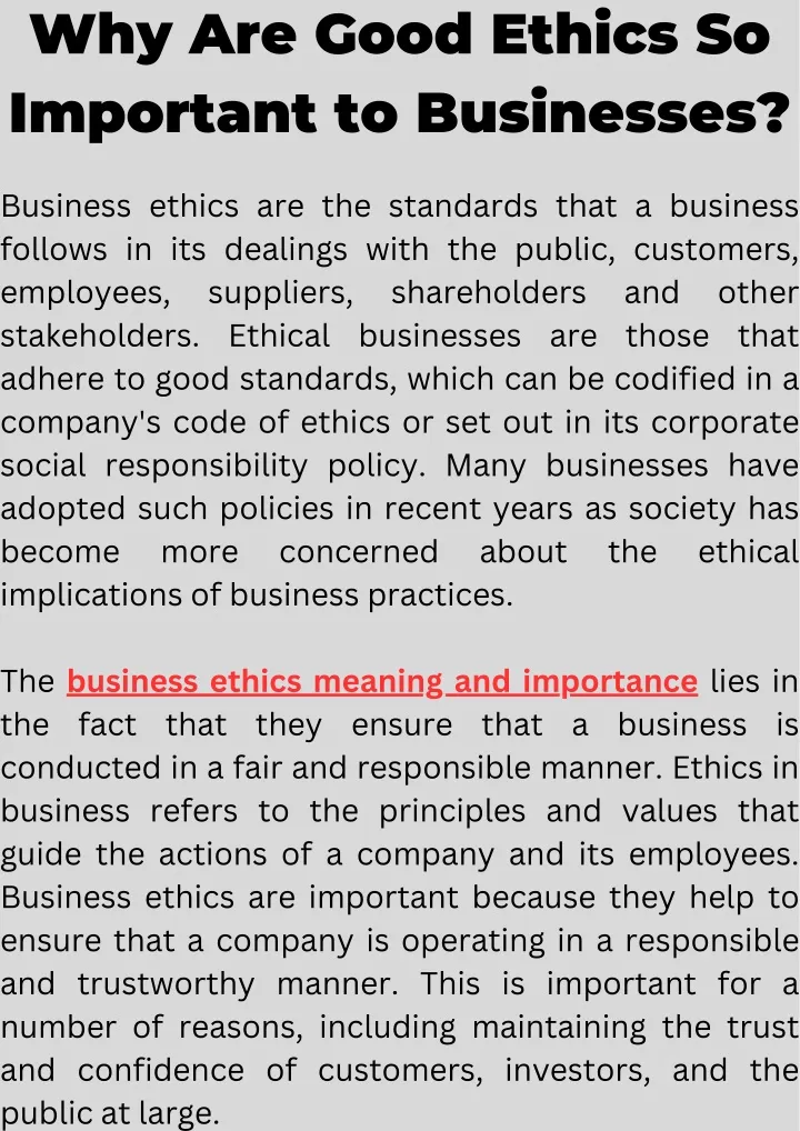 why are good ethics so important to businesses