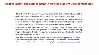 Creative Factor The Leading Name in Training Program Development India