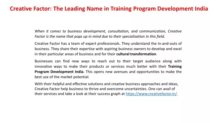 creative factor the leading name in training