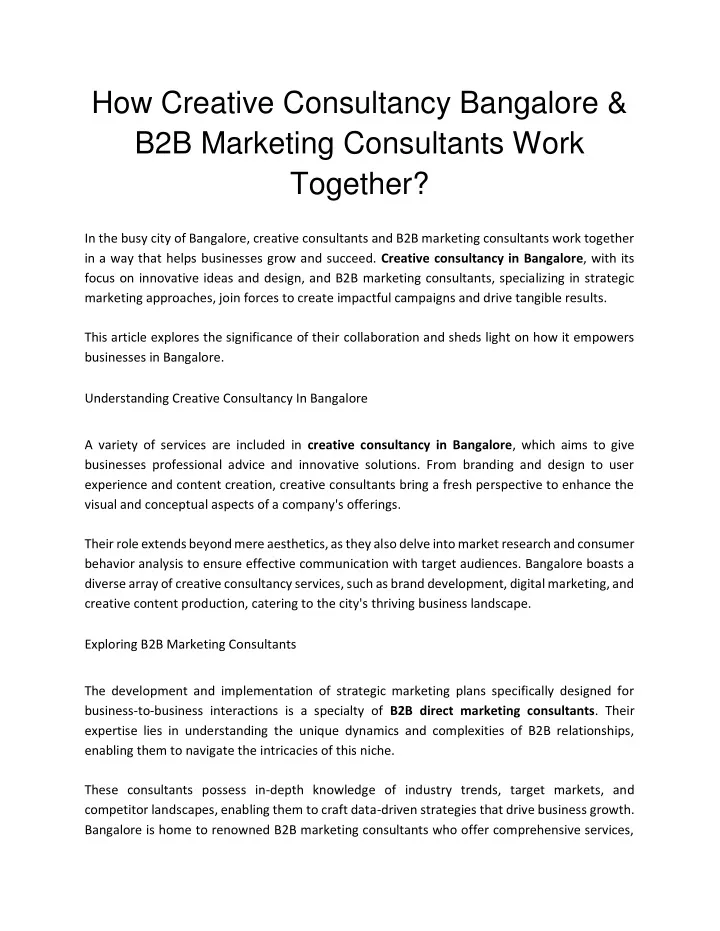 how creative consultancy bangalore b2b marketing