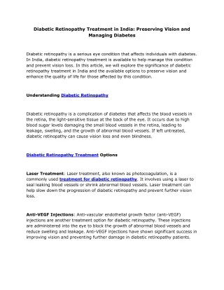 Diabetic Retinopathy Treatment in India: Preserving Vision and Managing Diabetes