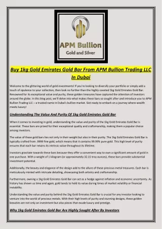 Buy 1kg Gold Emirates Gold Bar From APM Bullion Trading LLC In Dubai