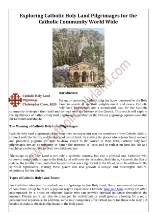 Exploring Catholic Holy Land Pilgrimages for the Catholic Community World Wide