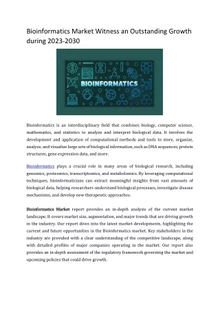 Bioinformatics Market Witness an Outstanding Growth during 2023-2030