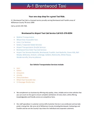 Brentwood Taxi Cab - Serviced Zip Codes in and around the Nashville area