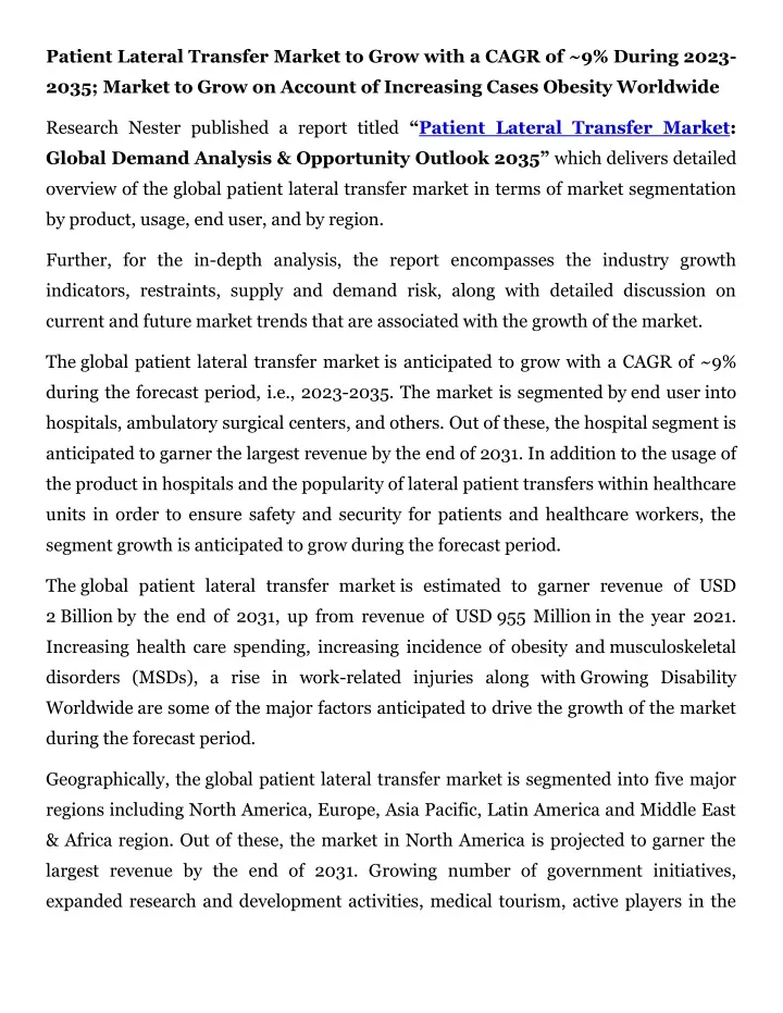 patient lateral transfer market to grow with