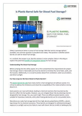 Is Plastic Barrel Safe for Diesel Fuel Storage