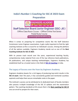 India’s Number 1 Coaching for SSC JE 2023 Exam Preparation