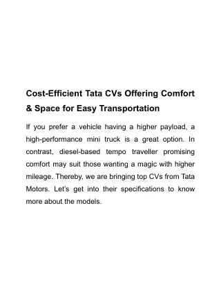 Cost-Efficient Tata CVs Offering Comfort & Space for Easy Transportation