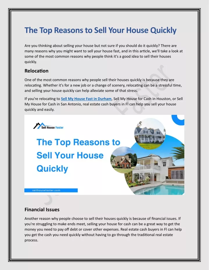 the top reasons to sell your house quickly