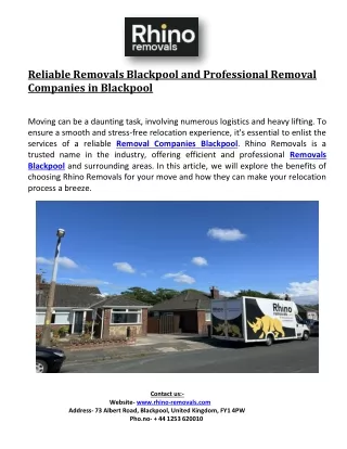 Reliable Removals Blackpool and Professional Removal Companies in Blackpool