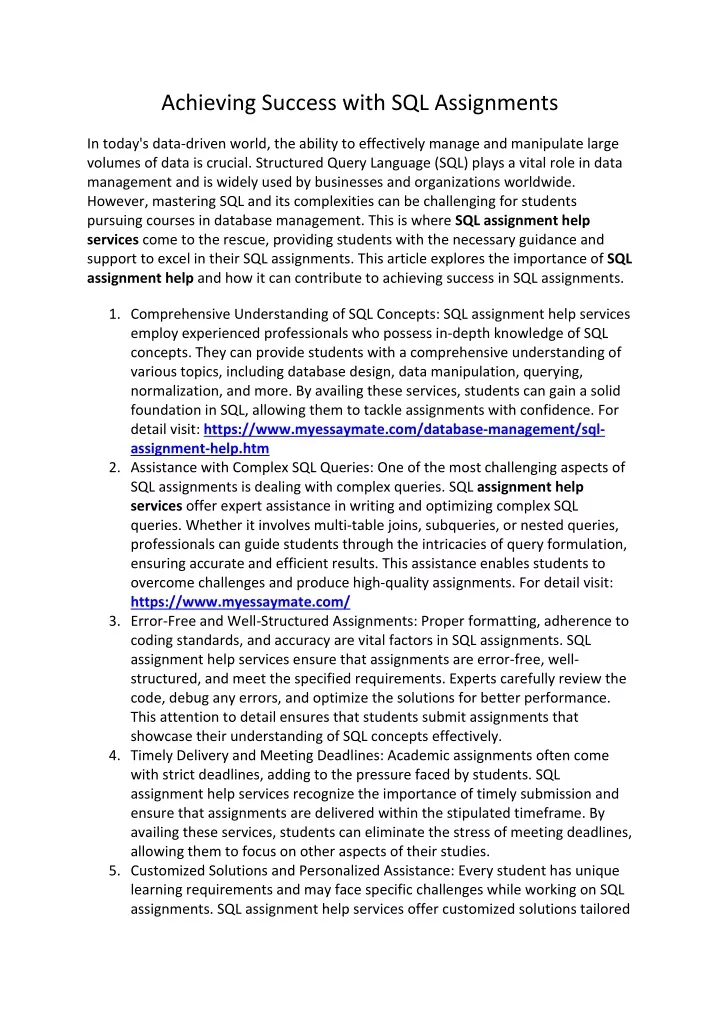 achieving success with sql assignments