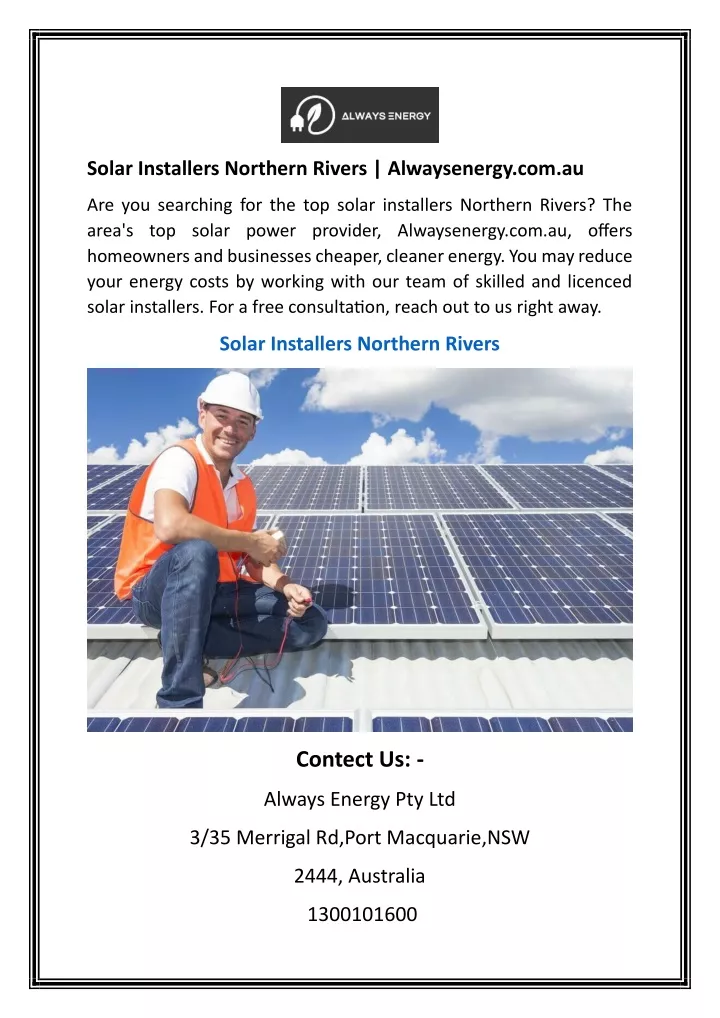 solar installers northern rivers alwaysenergy