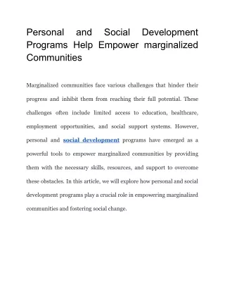 Personal and Social Development Programs Help Empower marginalized Communities