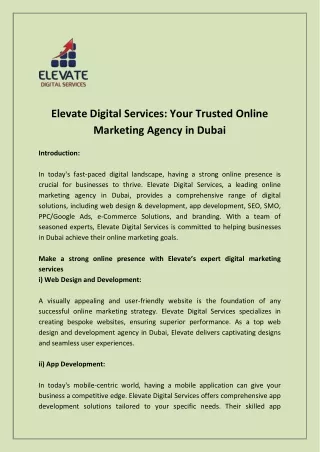 Elevate Digital Services: Your Trusted Online Marketing Agency in Dubai