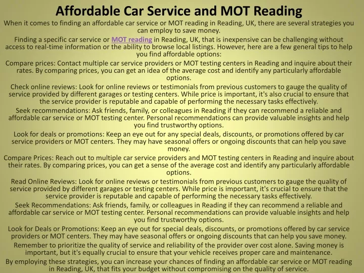 affordable car service and mot reading