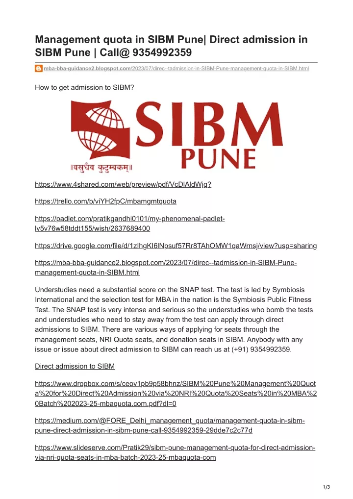 management quota in sibm pune direct admission