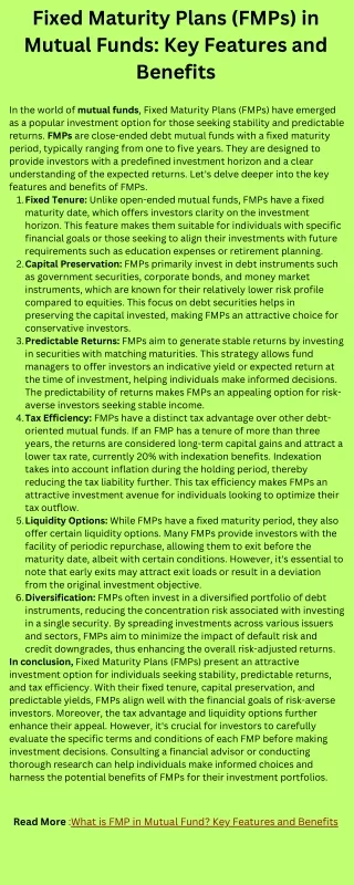 Fixed Maturity Plans (FMPs) in Mutual Funds: Key Features and Benefits