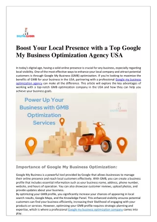 Boost Your Local Presence with a Top Google My Business Optimization Agency USA