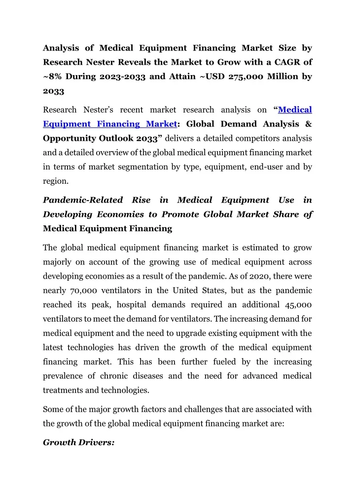 analysis of medical equipment financing market