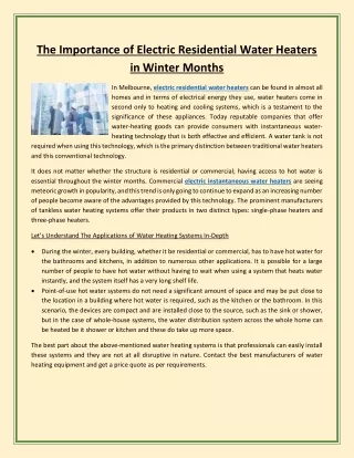 The Importance of Electric Residential Water Heaters in Winter Months