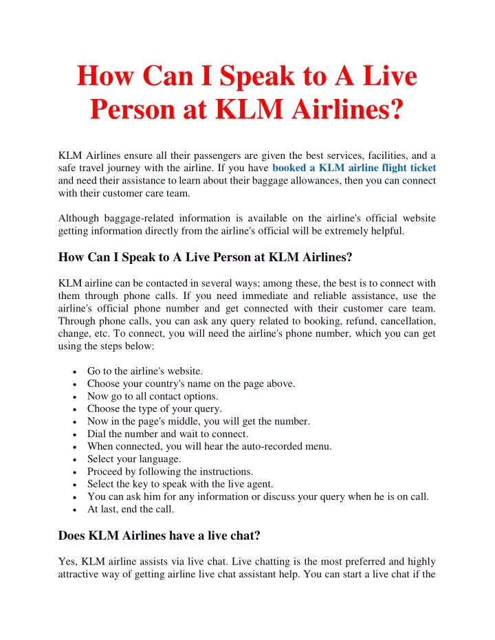 how can i speak to a live person at klm airlines