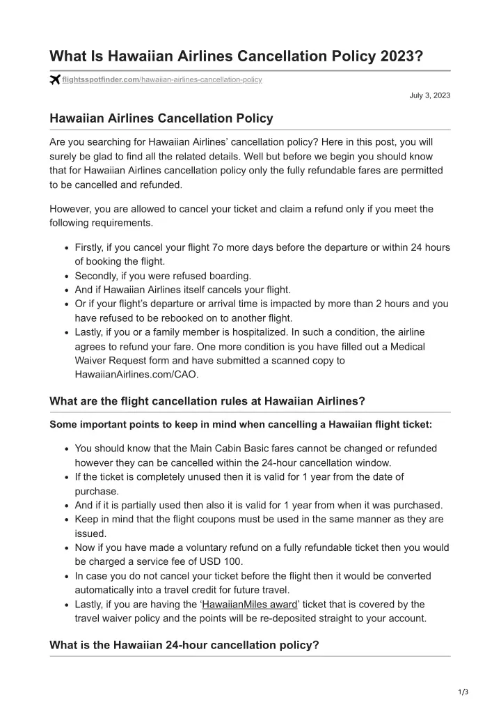 what is hawaiian airlines cancellation policy 2023