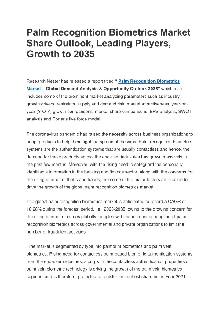 palm recognition biometrics market share outlook