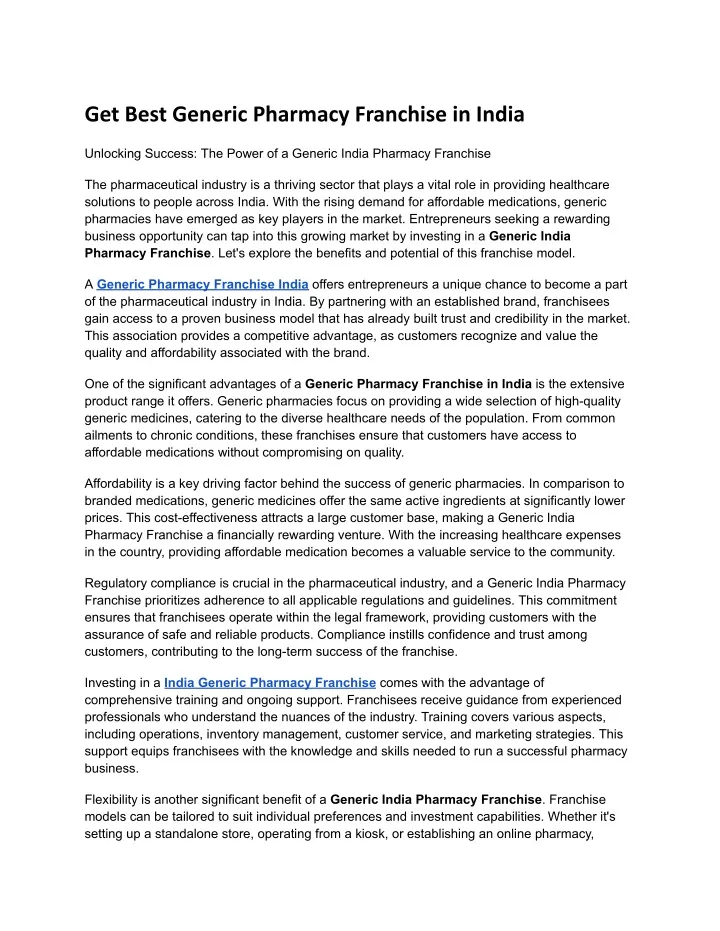 get best generic pharmacy franchise in india