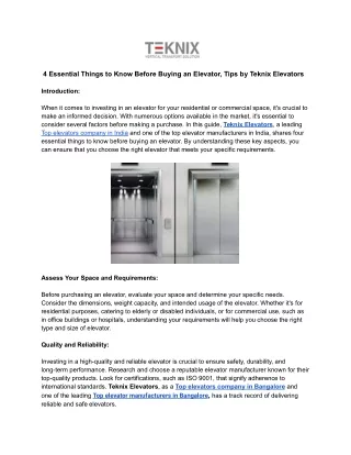 4 Essential Things to Know Before Buying an Elevator, Tips by Teknix Elevators