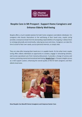 Respite Care in Mt Prospect : Support Home Caregivers and Enhance Elderly