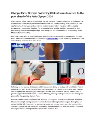 Olympic Paris  Olympic Swimming Oleksiak aims to return to the pool ahead of the Paris Olympic 2024