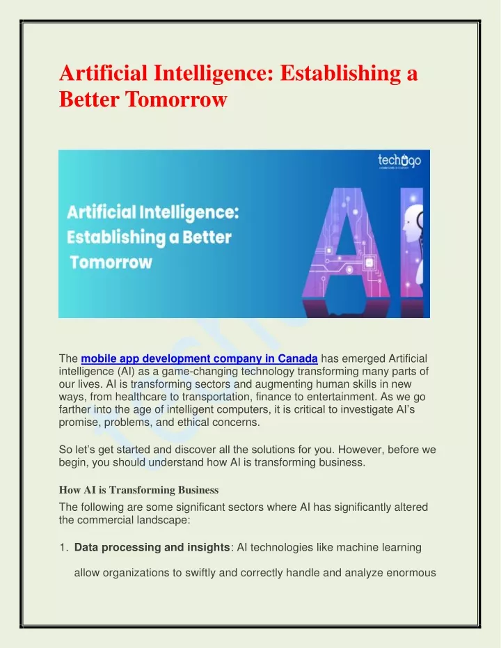 artificial intelligence establishing a better