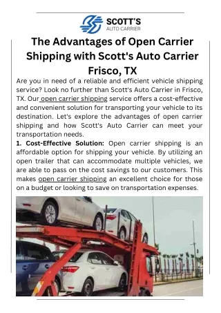 The Advantages of Open Carrier Shipping with Scott's Auto Carrier Frisco, TX