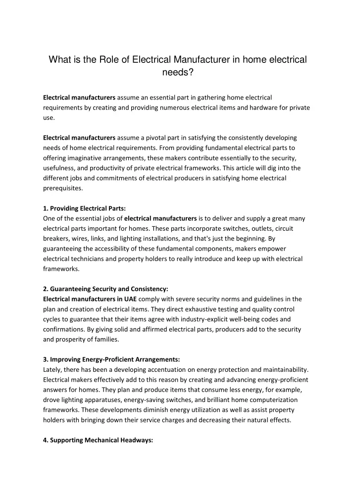 what is the role of electrical manufacturer