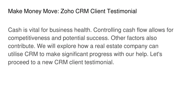 make money move zoho crm client testimonial